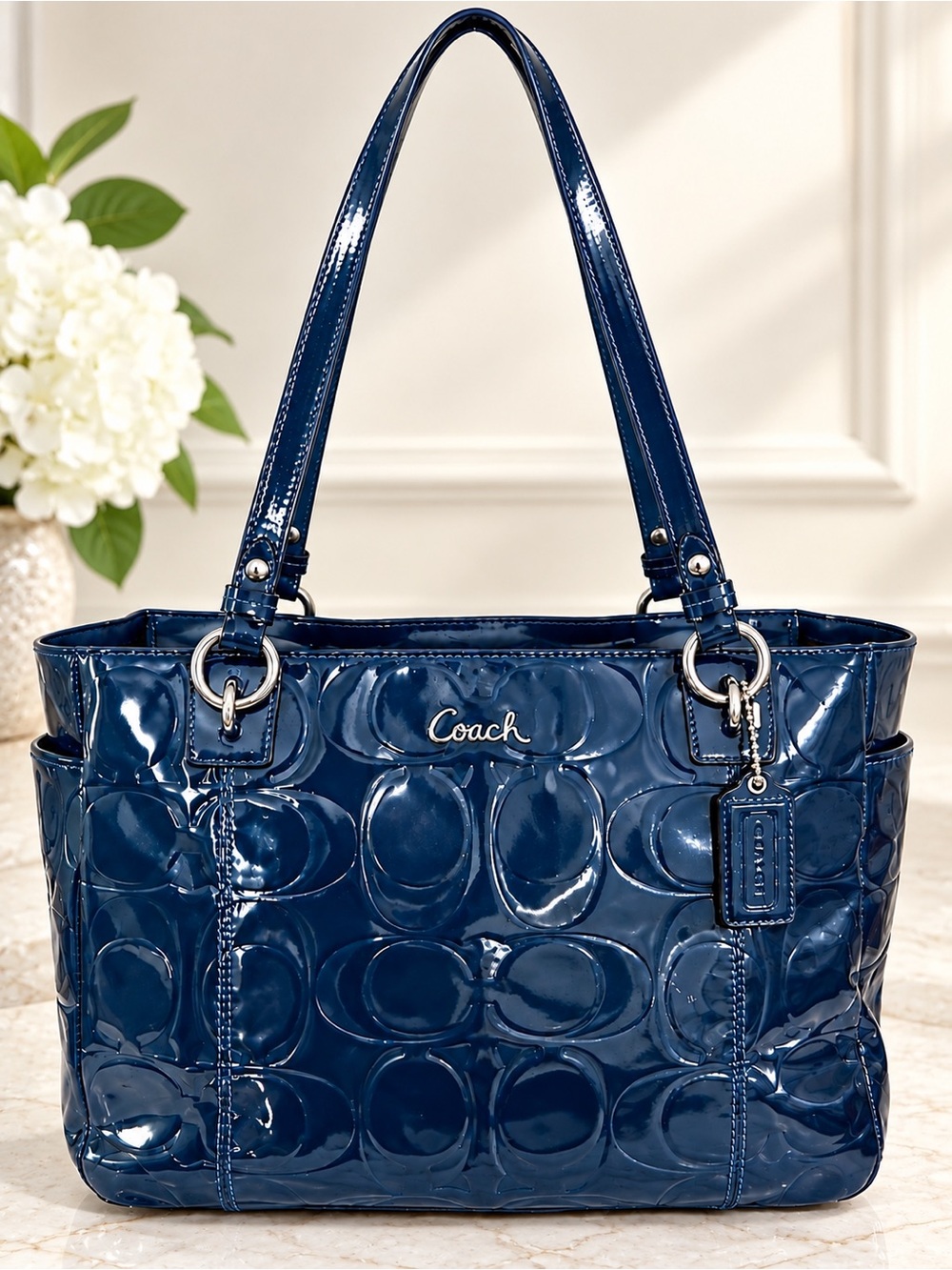 Coach F17729 Gallery East West Blue Patent Leather Signature Tote Bag